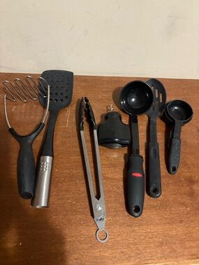 Black Kitchen Utensil Set - Tongs, Scoop, Ladle, Masher